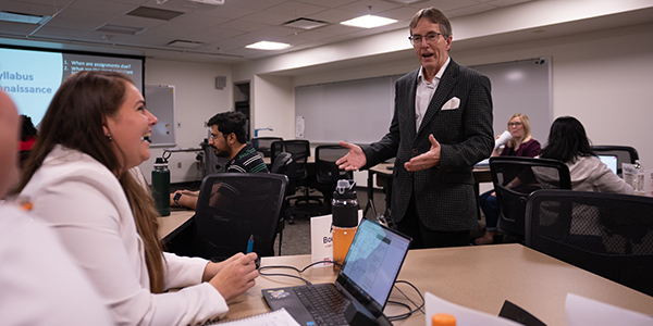 Business professor teaching in a classroom